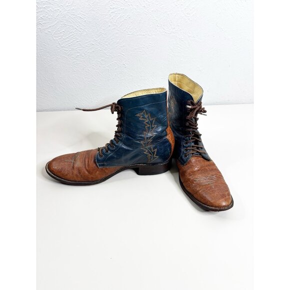 VTG Hondo Sz 12.5 A  Narrow Men Lace Up Boots Leather Brown/Blue GUC